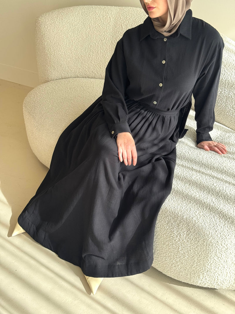 linen blend, modest top and skirt co-ord set, spring/summer in black