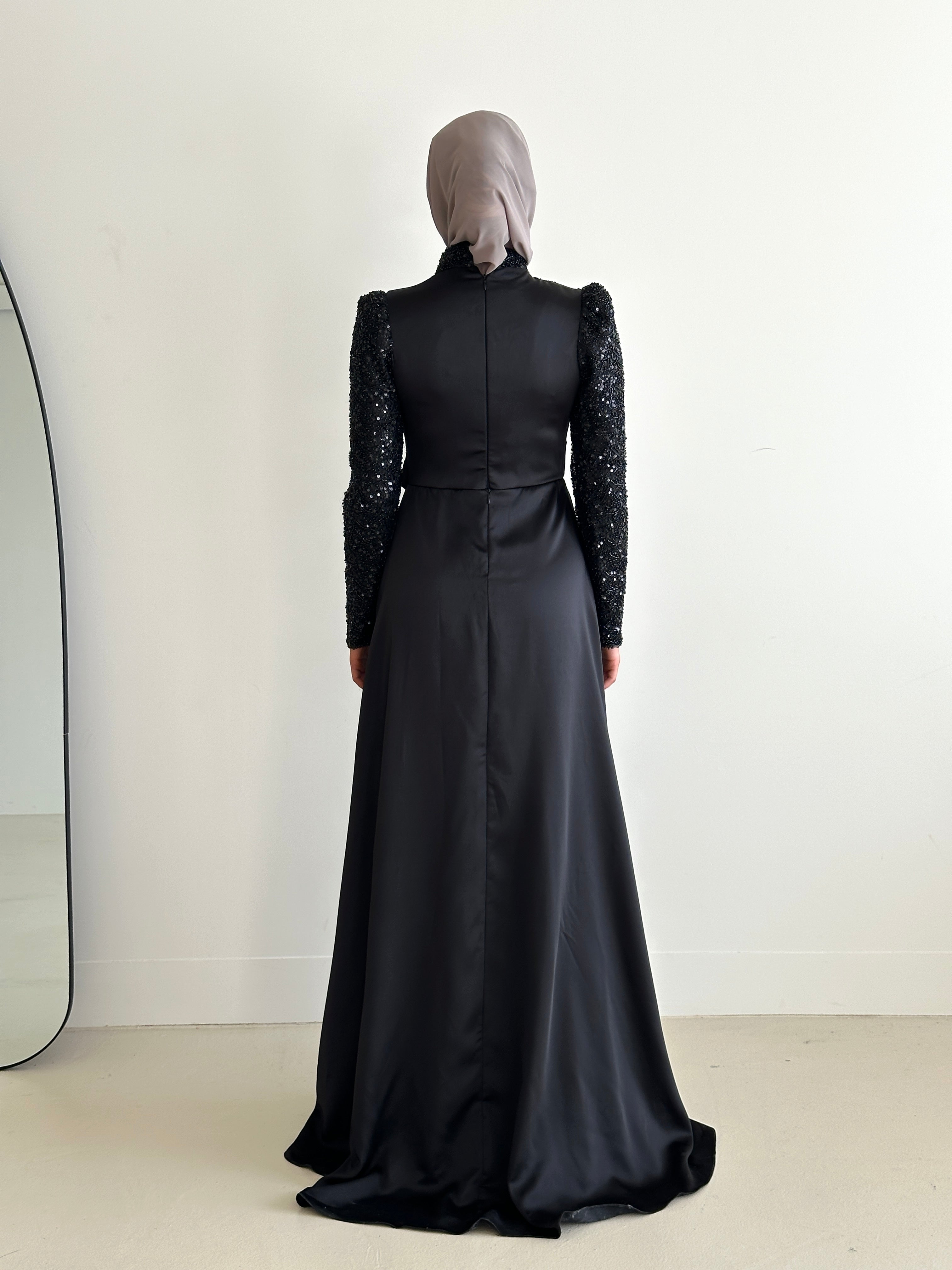 women's modest formal evening dress black with sequins and satin for any event