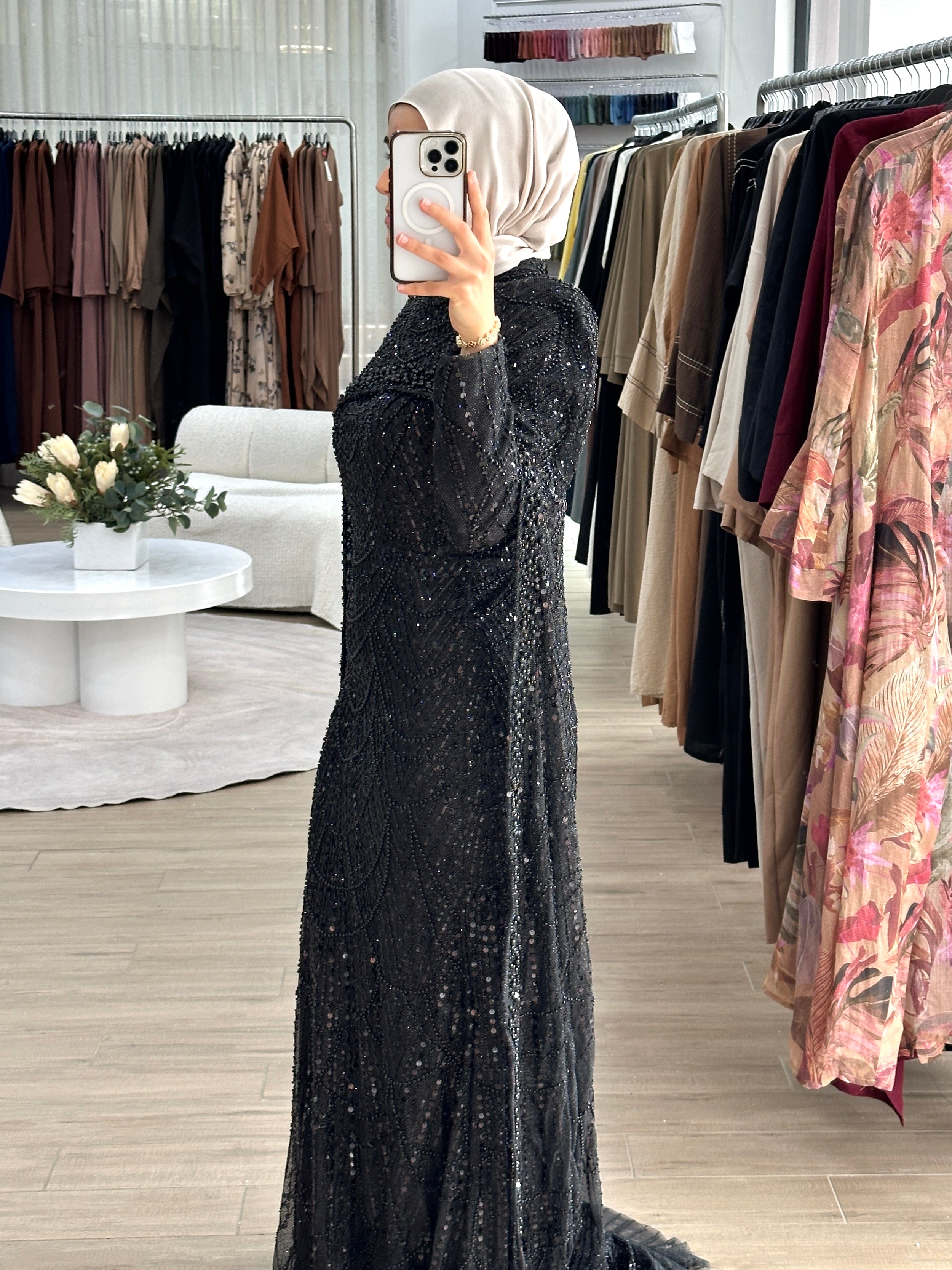 women's black formal gown- 2piece, includes full length sequins dress and a cape . modest and long sleeve, suitable for hijab. wear to any formal occasion, engagement, wedding, any event.