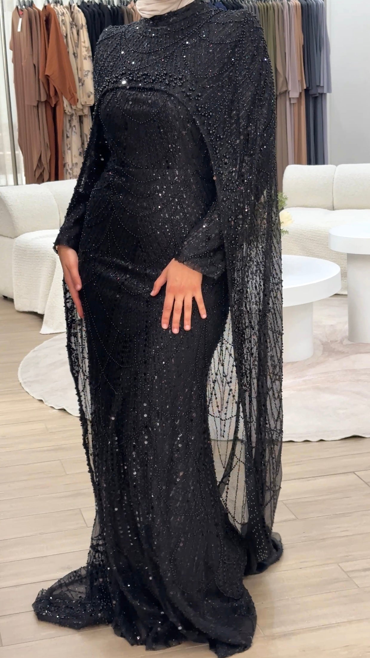 women's black formal gown- 2piece, includes full length sequins dress and a cape . modest and long sleeve, suitable for hijab. wear to any formal occasion, engagement, wedding, any event.