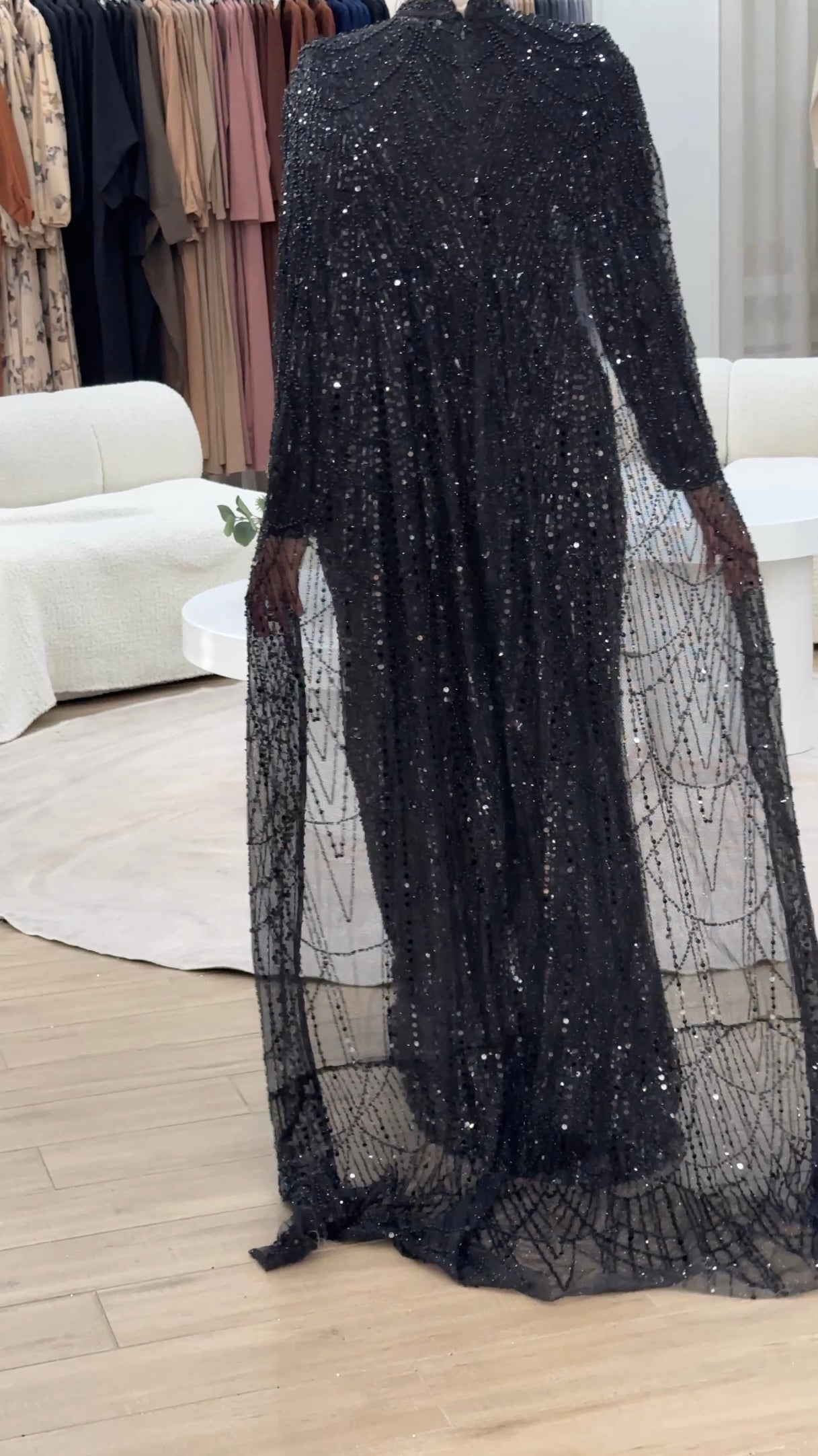 women's black formal gown- 2piece, includes full length sequins dress and a cape . modest and long sleeve, suitable for hijab. wear to any formal occasion, engagement, wedding, any event.