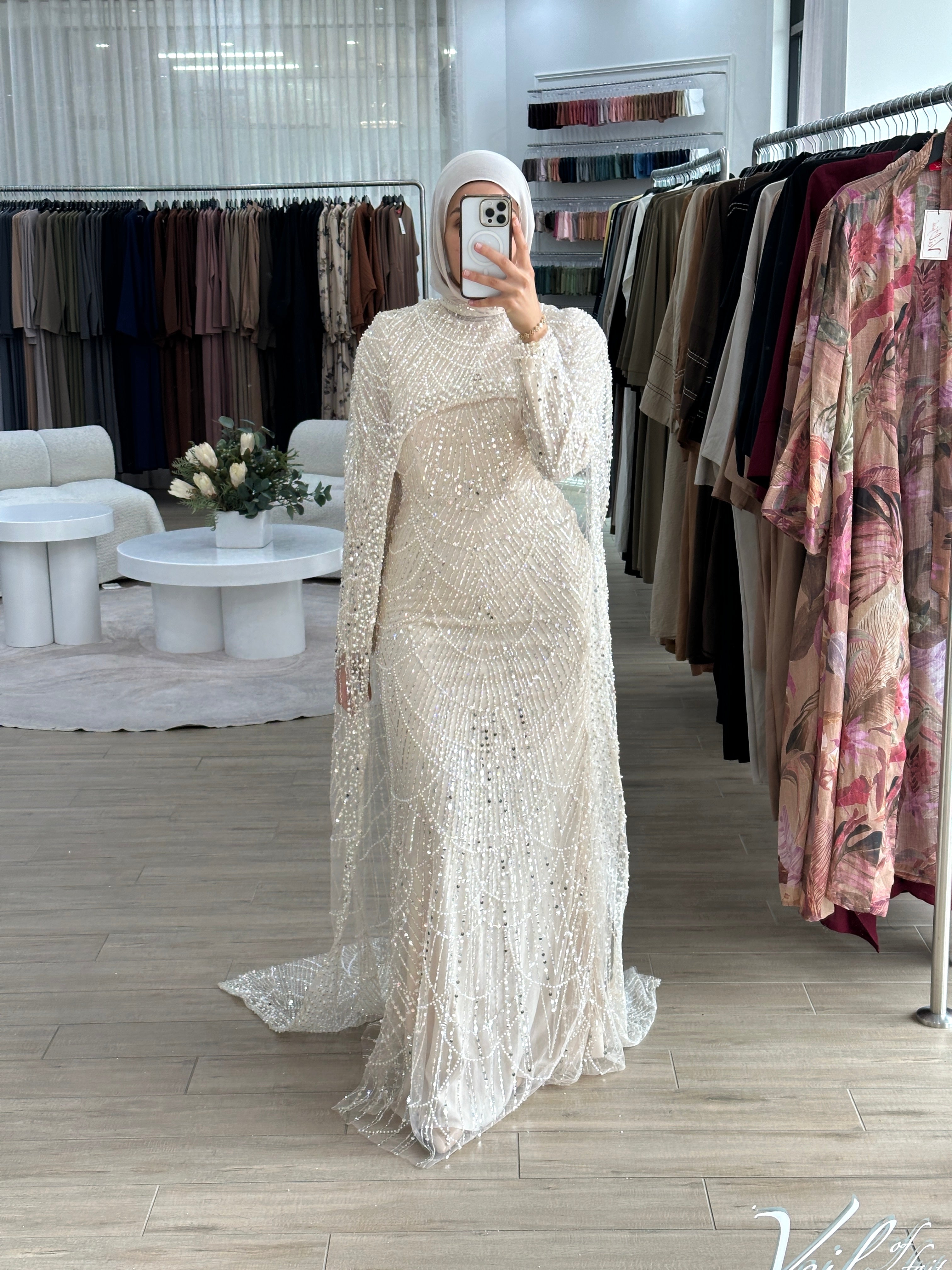 women's champagne formal gown- 2piece, includes full length sequins dress and a cape . modest and long sleeve, suitable for hijab. wear to any formal occasion, engagement, wedding, bridal, any event.