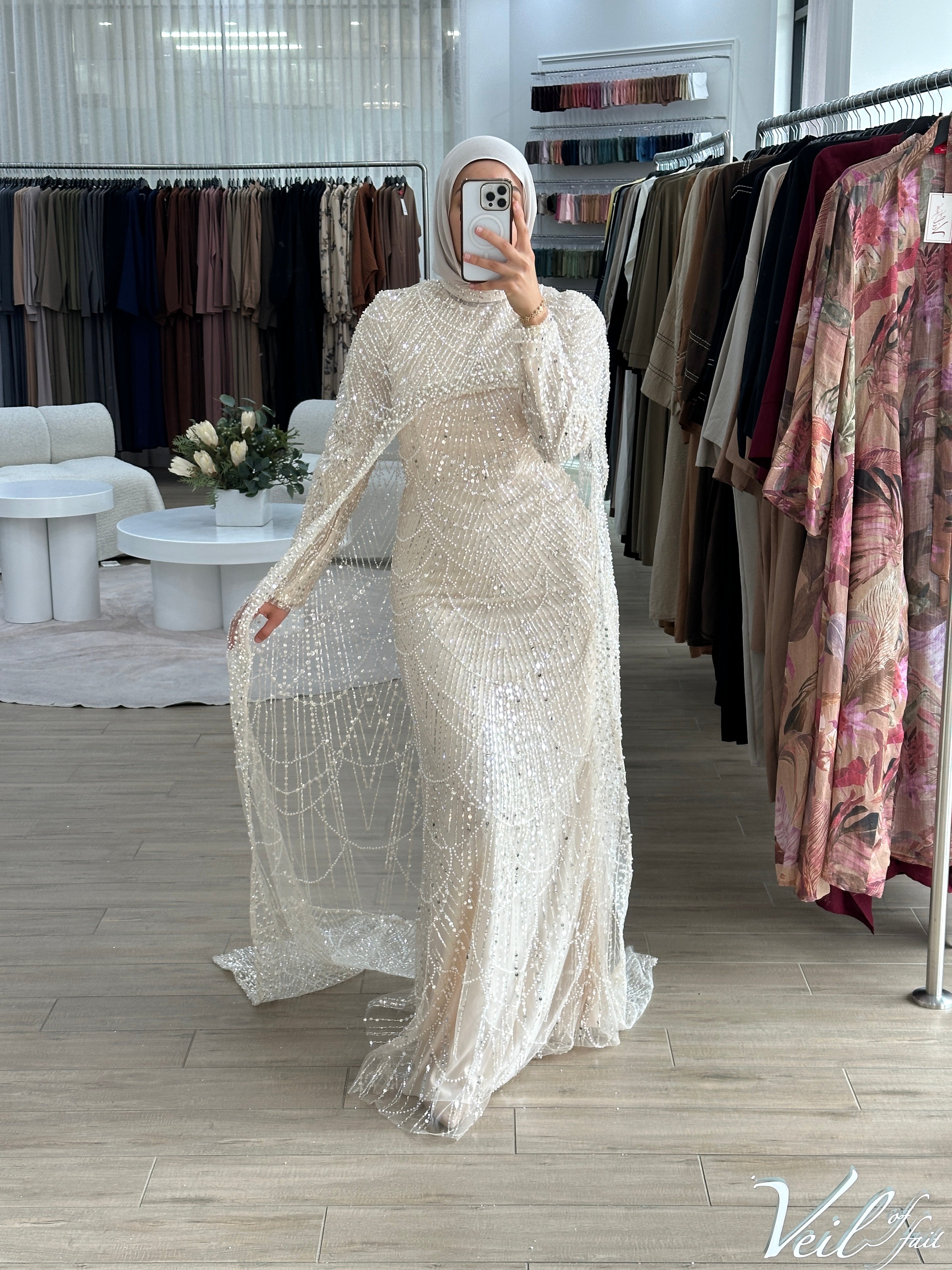 women's champagne formal gown- 2piece, includes full length sequins dress and a cape . modest and long sleeve, suitable for hijab. wear to any formal occasion, engagement, wedding, bridal, any event.