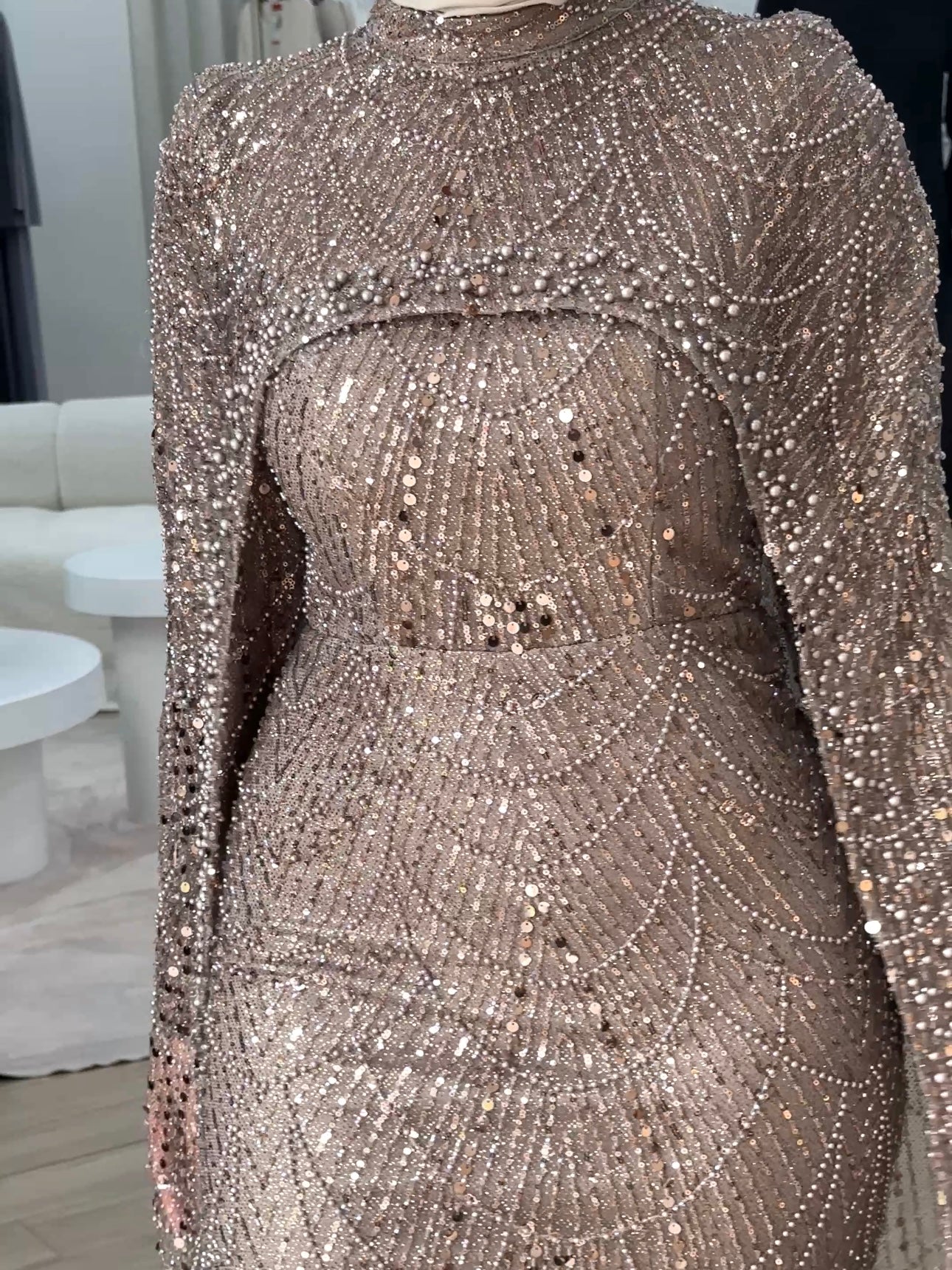 women's mauve formal gown- 2piece, includes full length sequins dress and a cape . modest and long sleeve, suitable for hijab. wear to any formal occasion, engagement, wedding, any event.