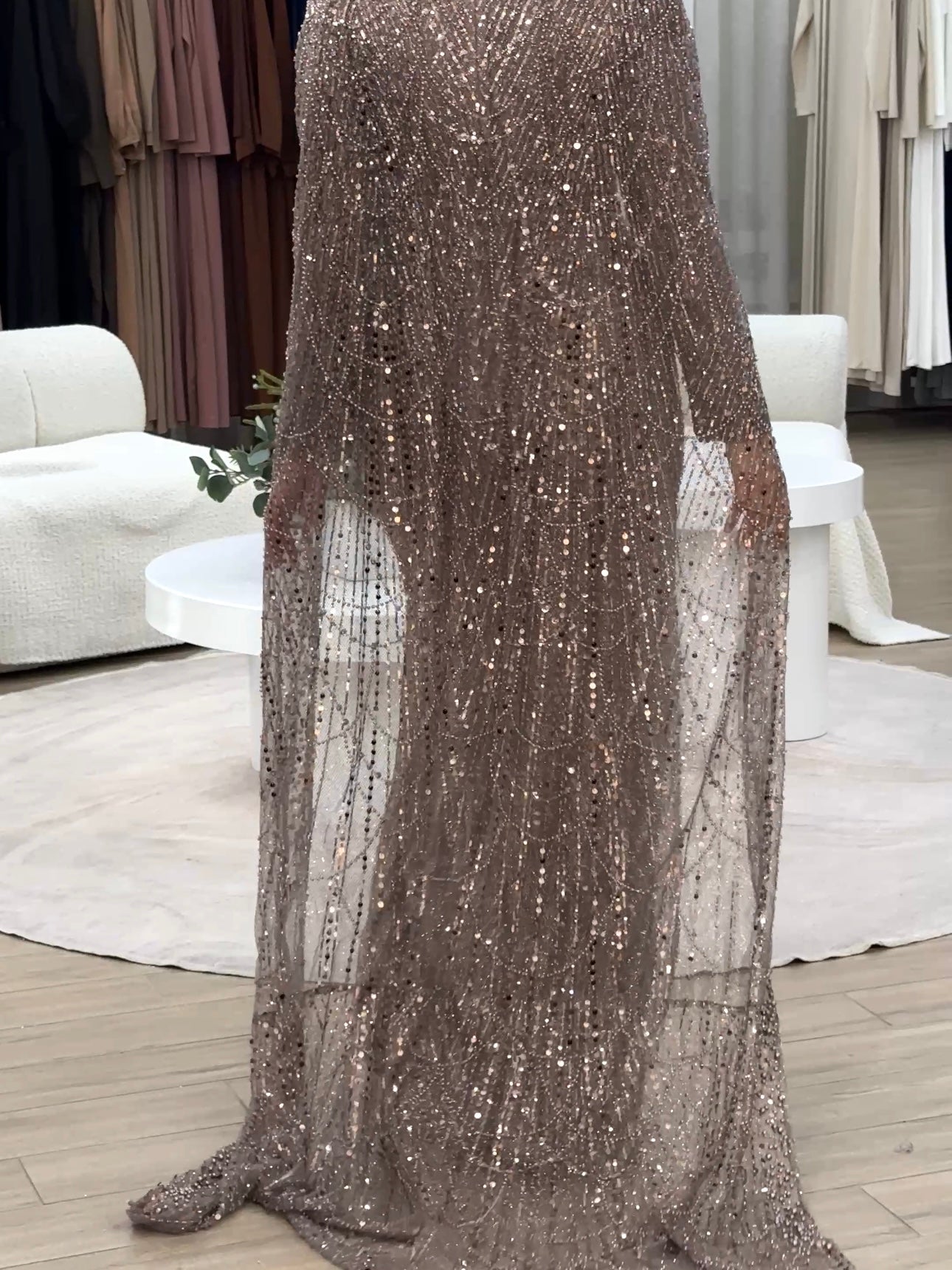 women's mauve formal gown- 2piece, includes full length sequins dress and a cape . modest and long sleeve, suitable for hijab. wear to any formal occasion, engagement, wedding, any event.