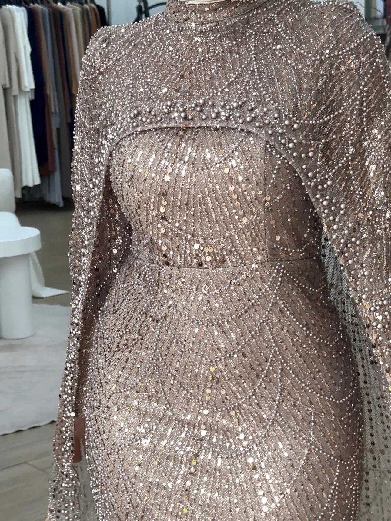 women's mauve formal gown- 2piece, includes full length sequins dress and a cape . modest and long sleeve, suitable for hijab. wear to any formal occasion, engagement, wedding, any event.