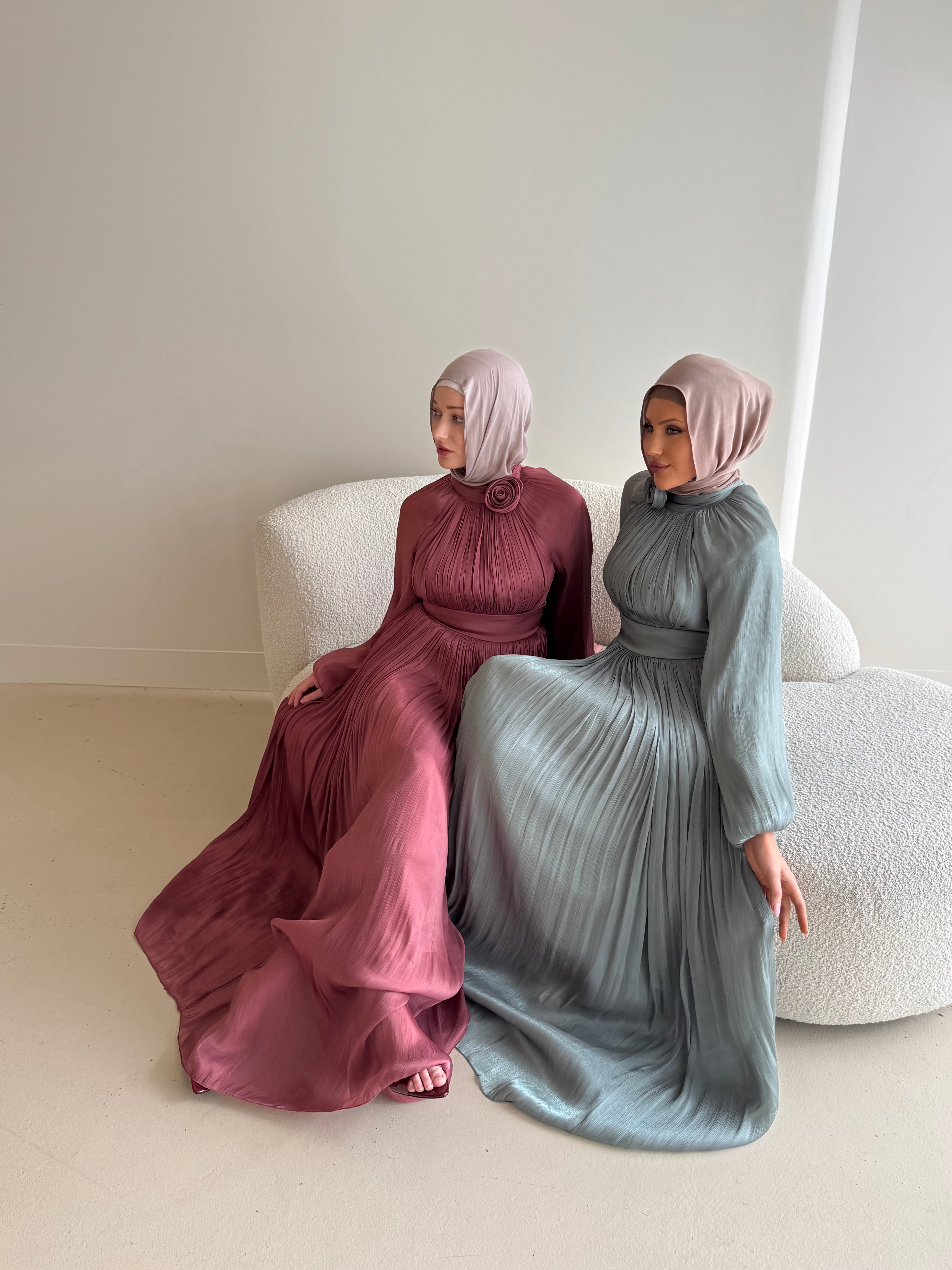 women's formal dress in green, modest, maxi, long-sleeve with full coverage.