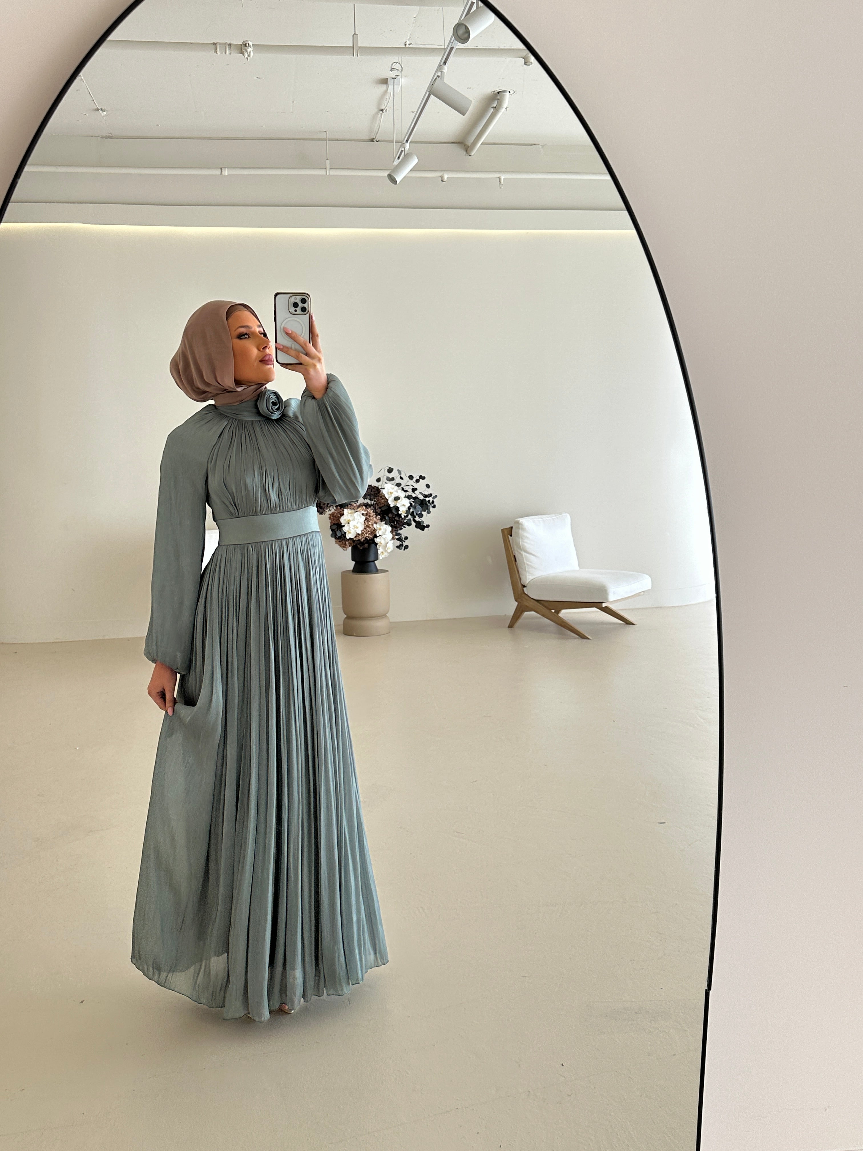 women's formal dress in green, modest, maxi, long-sleeve with full coverage.