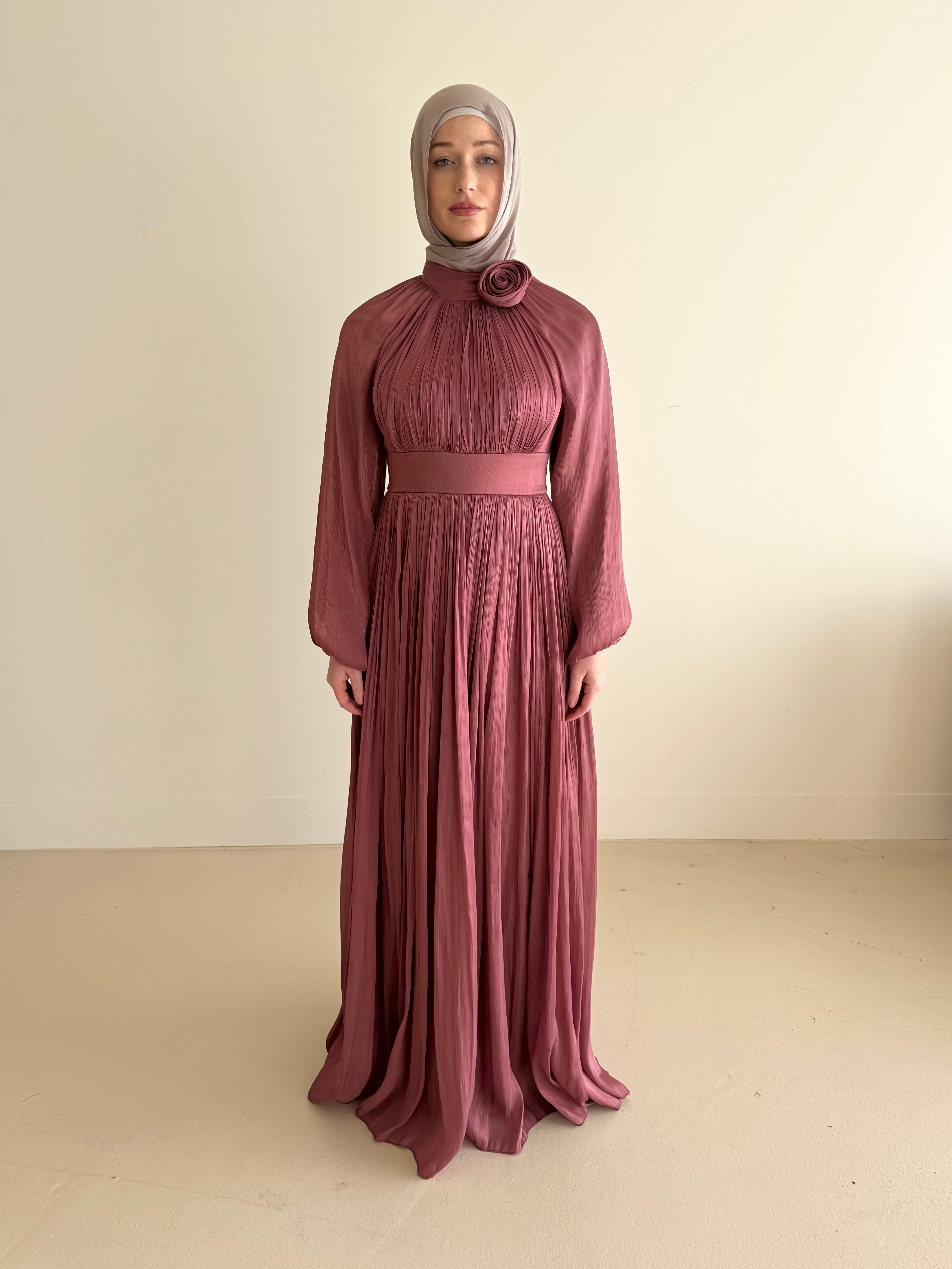 women's formal dress in rose, modest, maxi, long-sleeve with full coverage.