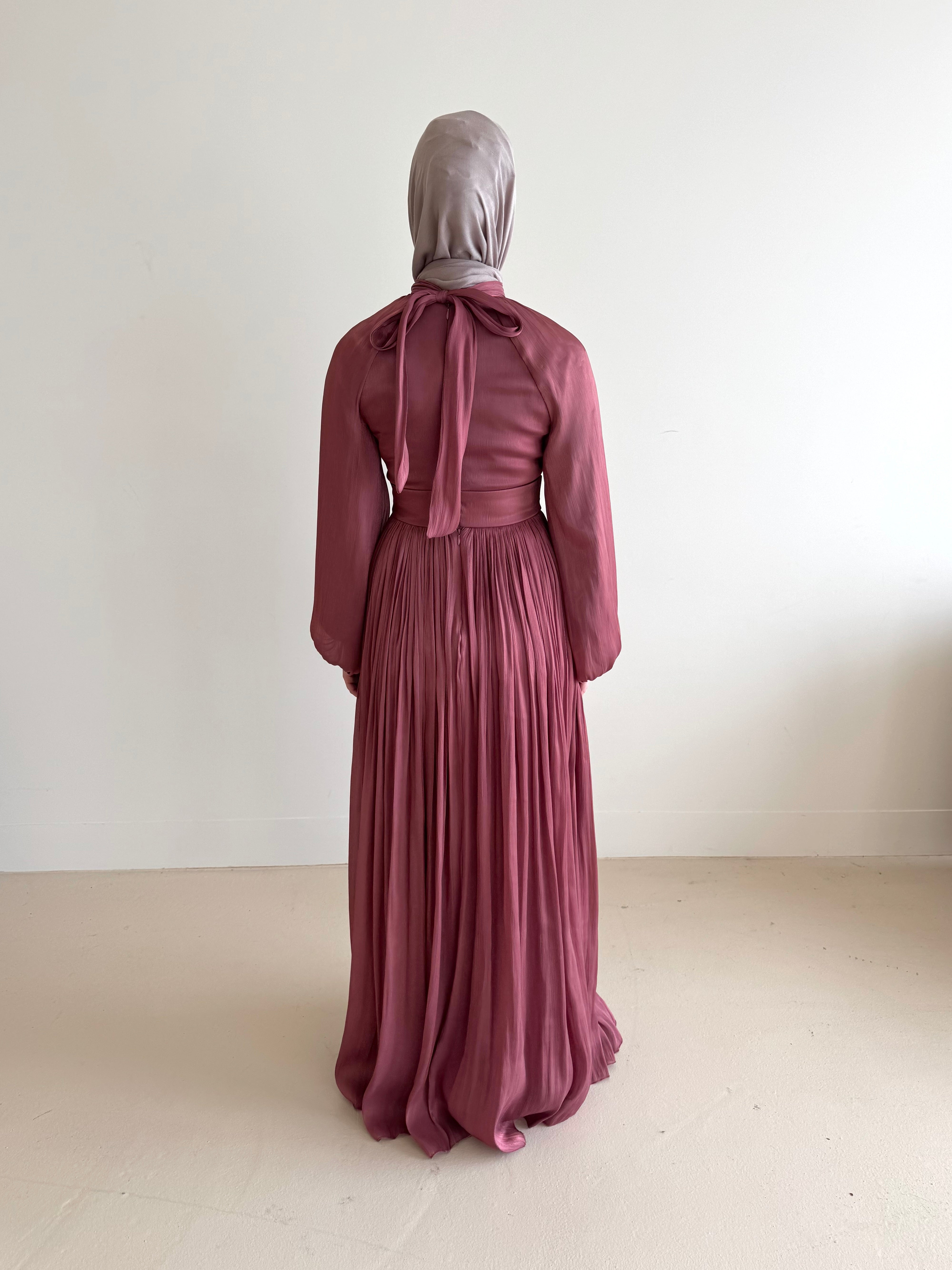 women's formal dress in rose, modest, maxi, long-sleeve with full coverage.
