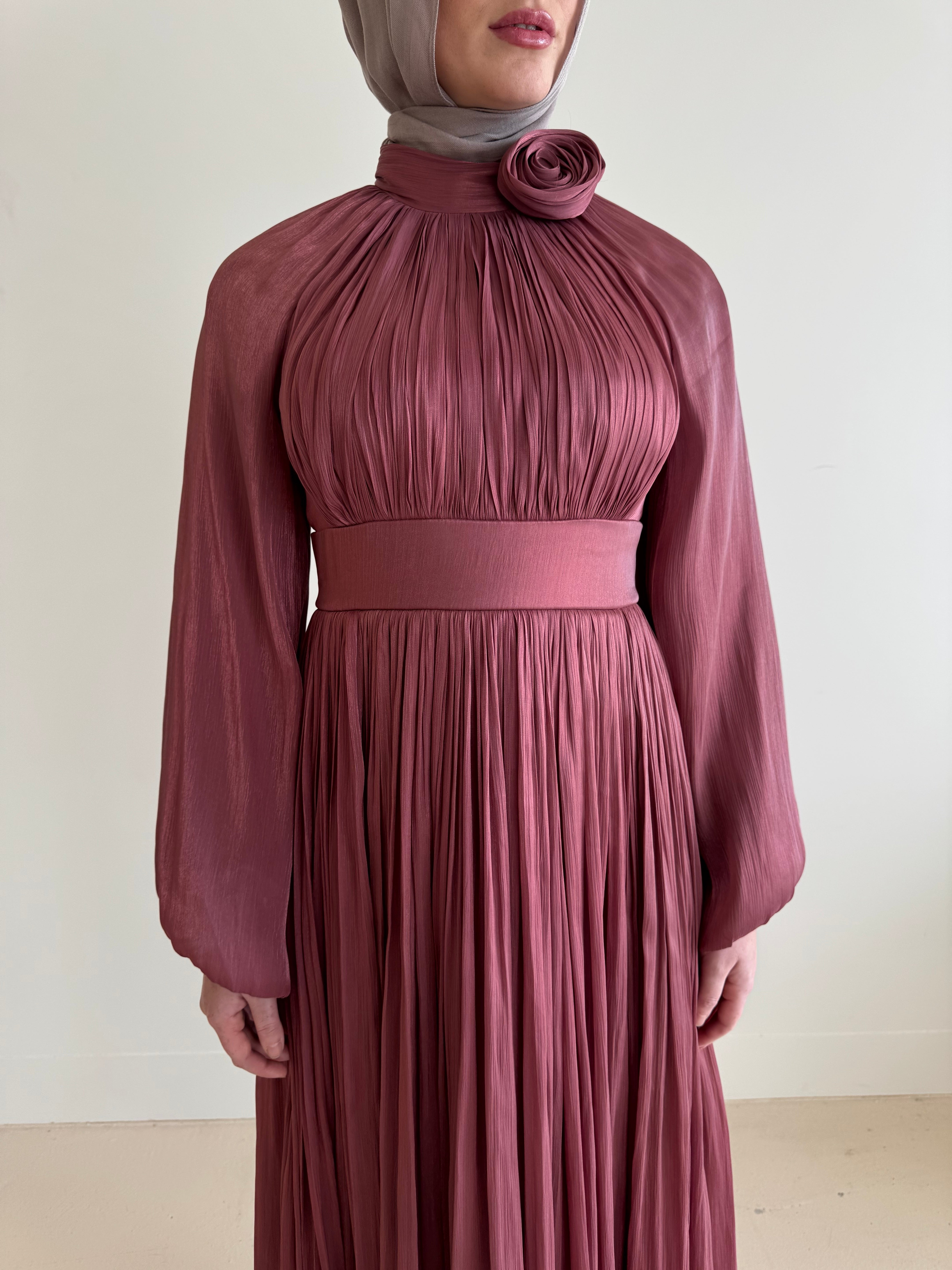 women's formal dress in rose, modest, maxi, long-sleeve with full coverage.