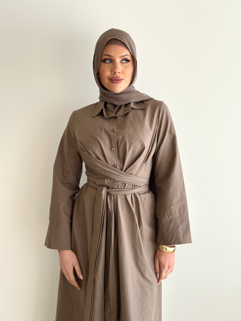woman wearing modest long sleeve maxi spring/summer dress in mocha, full length, lightweight and wrap dress with buttons