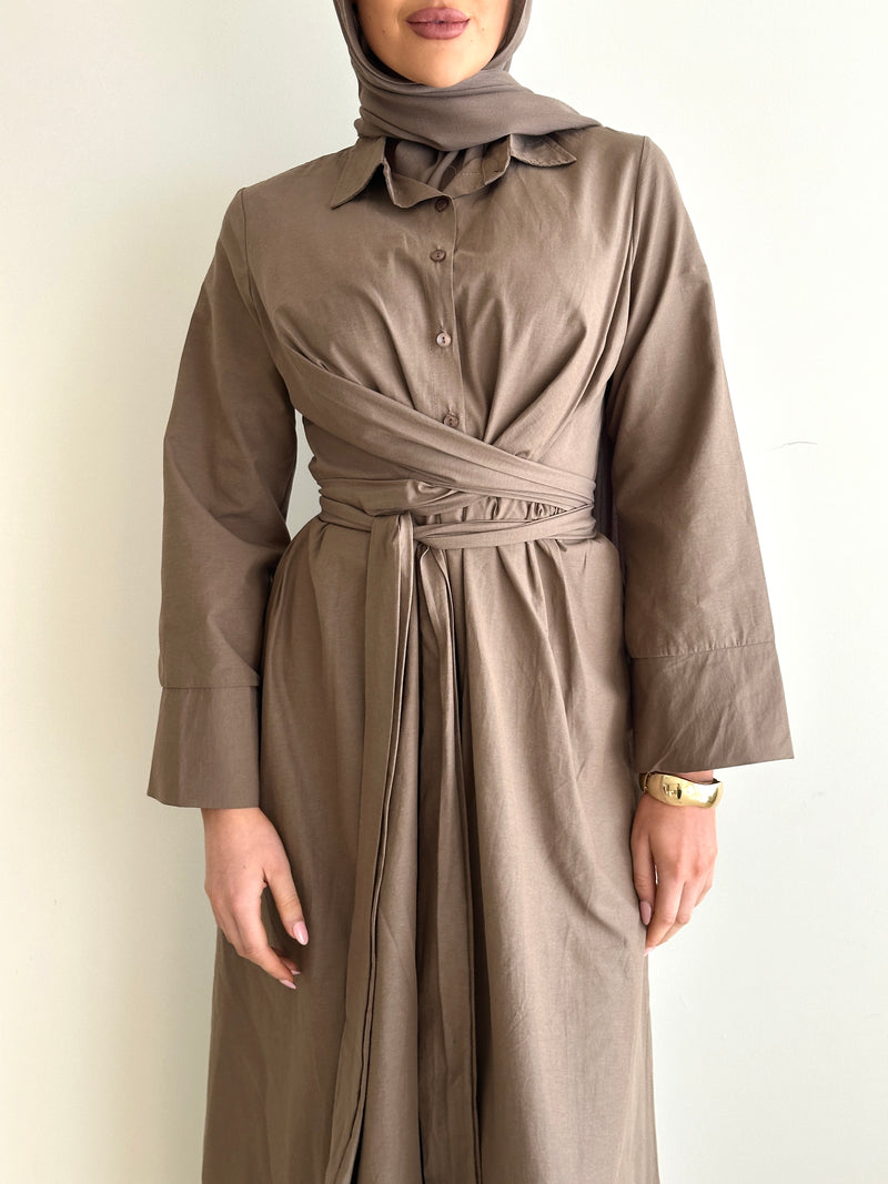 woman wearing modest long sleeve maxi spring/summer dress in mocha, full length, lightweight and wrap dress with buttons