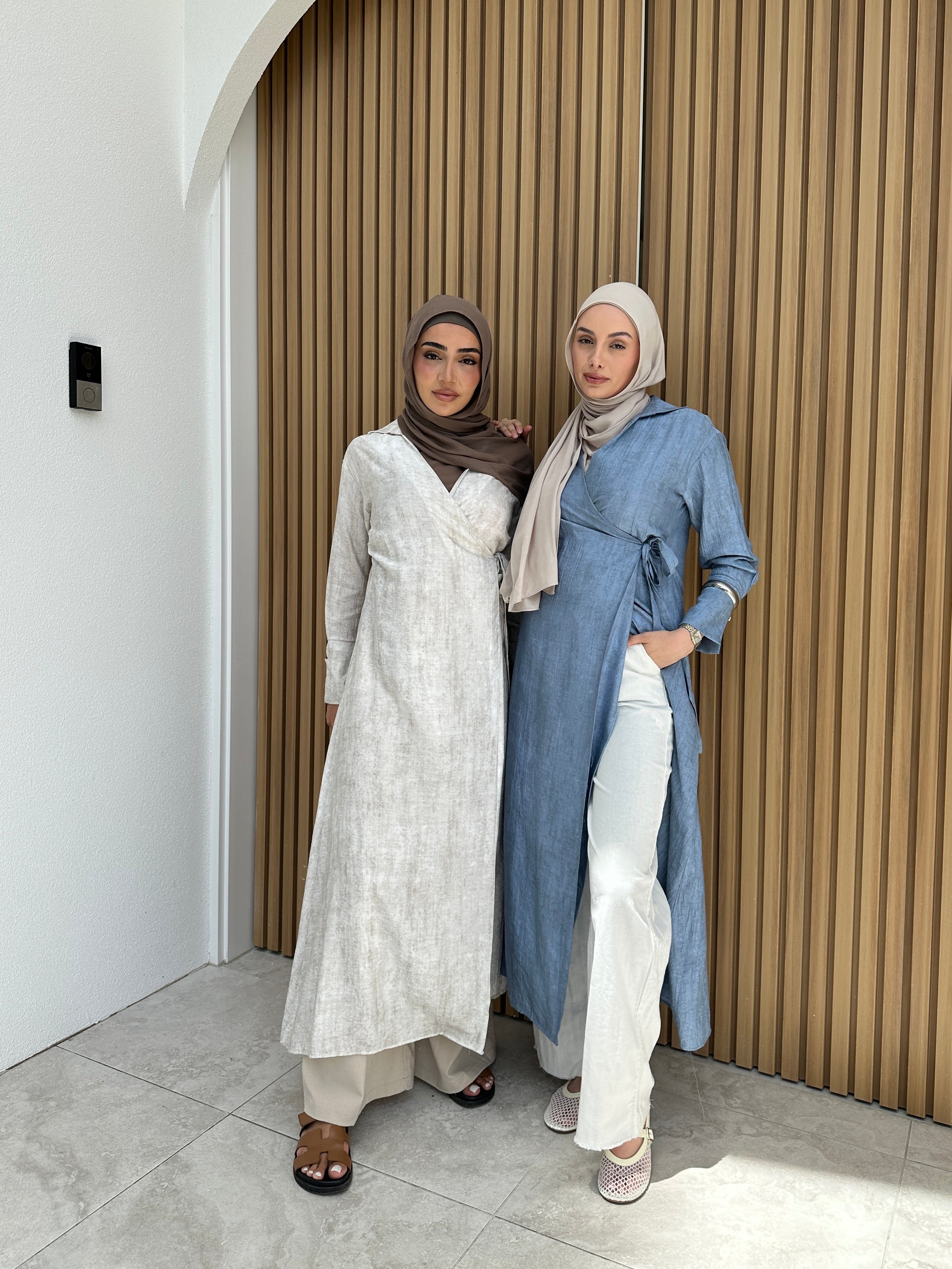 women's wrap midi dress for spring summer, light weight with modest coverage- long sleeves and brethable. 