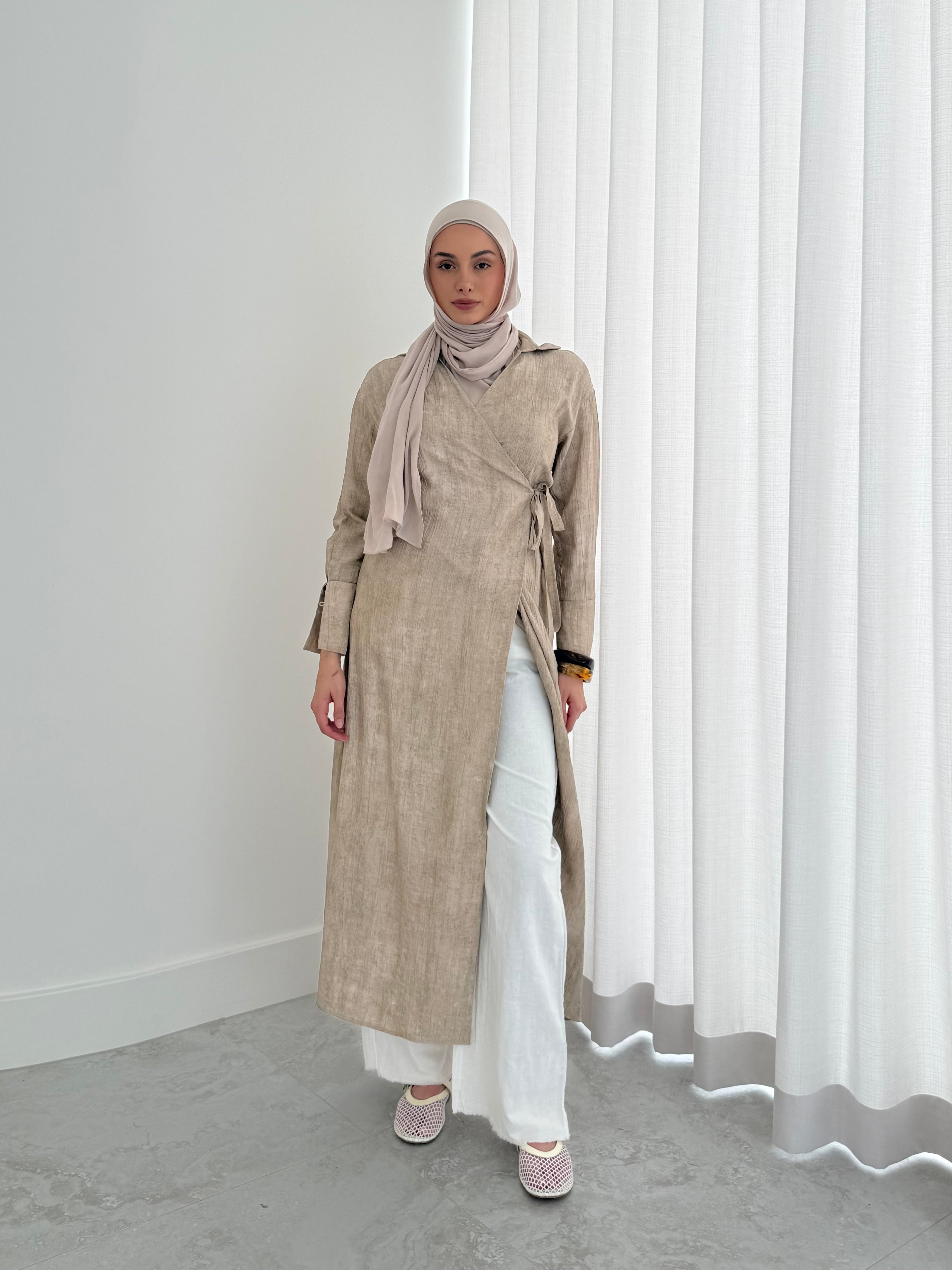 women's wrap midi dress for spring summer, light weight with modest coverage- long sleeves and breathable. 