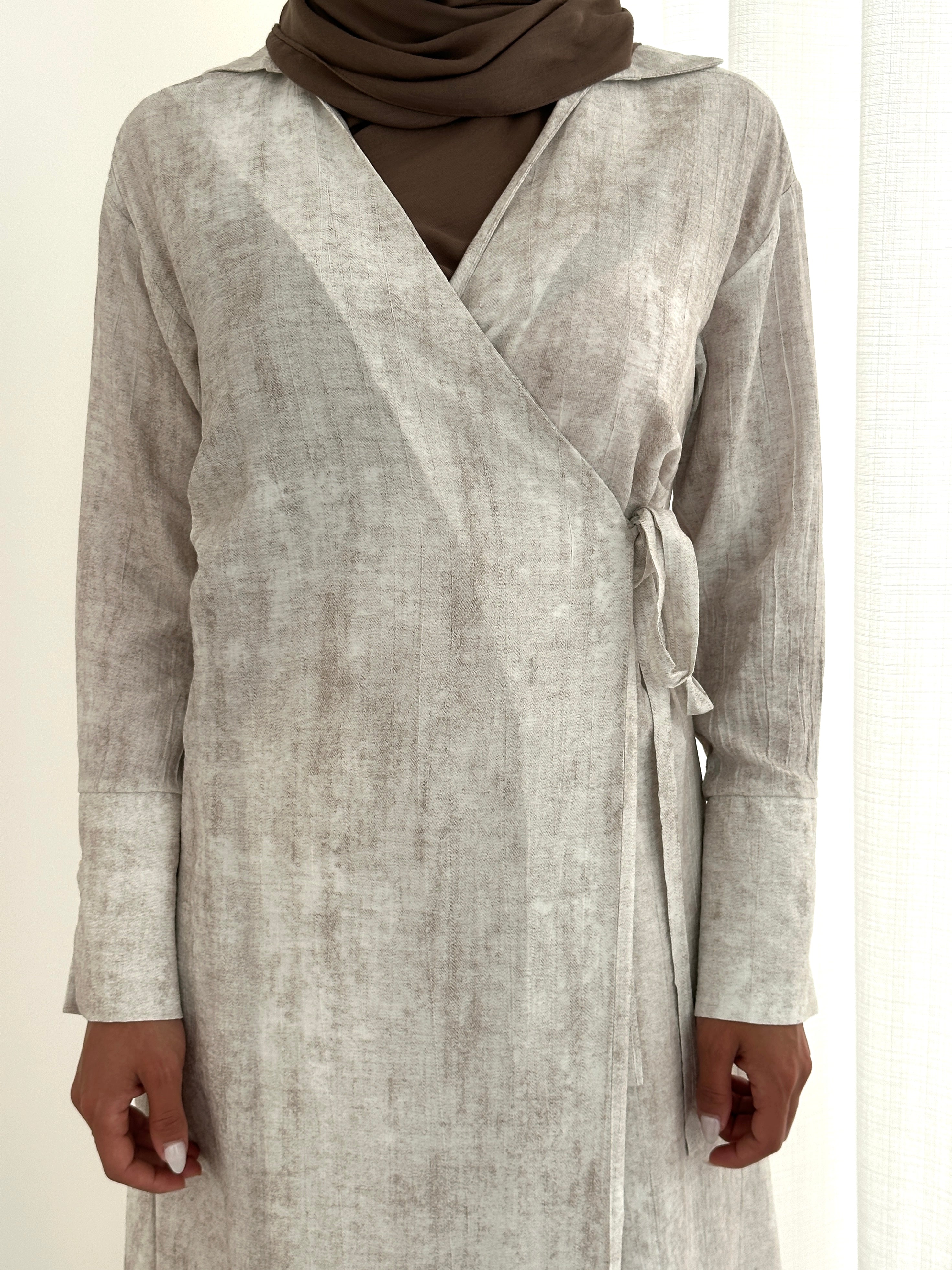 women's wrap midi dress for spring summer, light weight with modest coverage- long sleeves and breathable. 