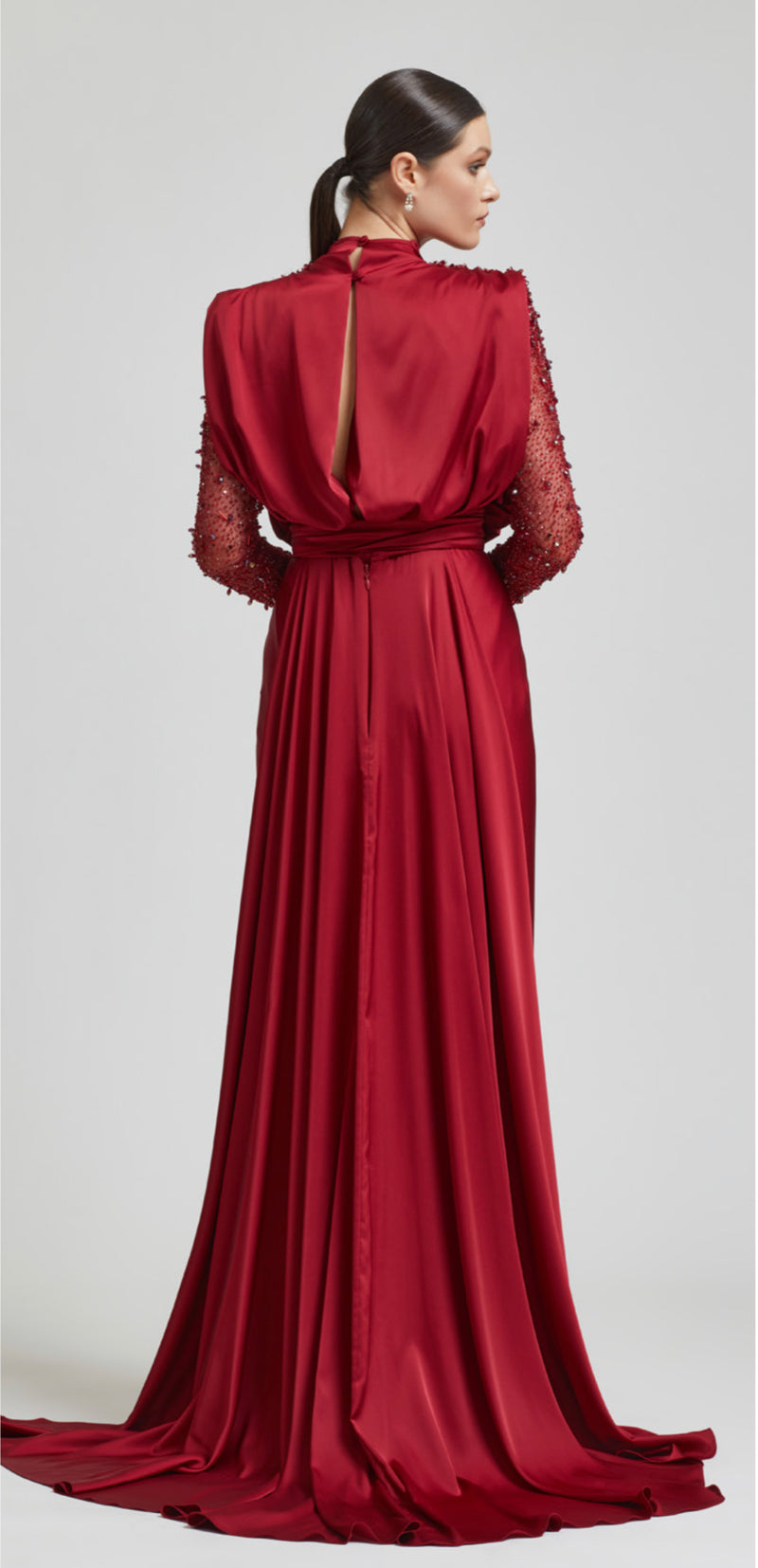Dark Red Lace Long Sleeve Prom Dress Off-the-Shoulder Ball Gown Quince –  Rjerdress